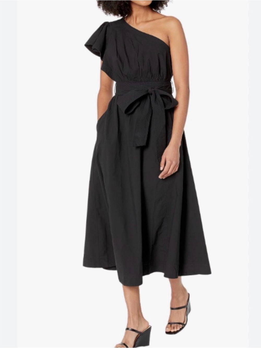 Madewell One-Shoulder Black Midi Dress 100% Cotton w/ Waist Tie 6